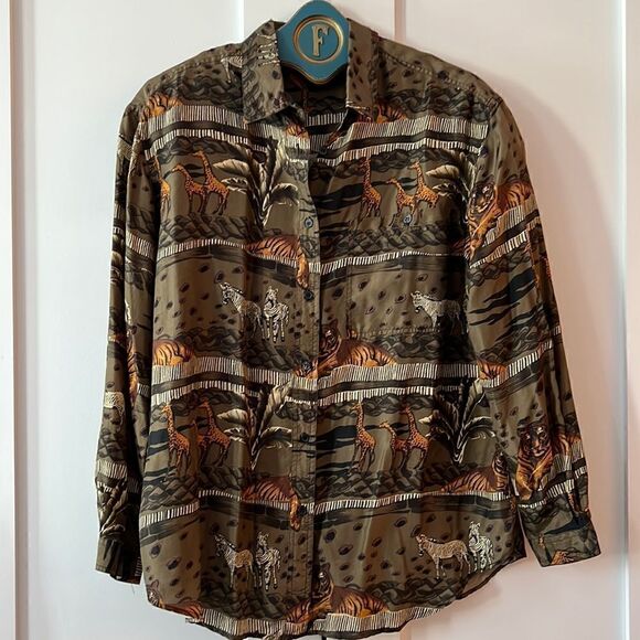Vintage Animal Print Safari Silk Shirt - L - Picture 1 of 5
